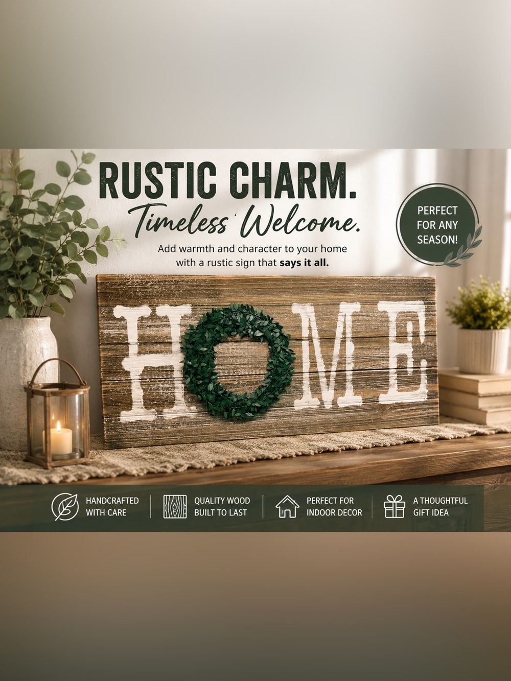 Handmade Rustic “HOME” Wood Sign with Green Wreath – Farmhouse Wall Décor 26x12
